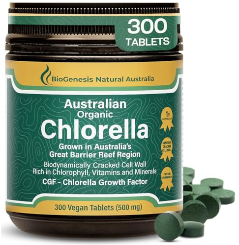 Biogenesis Organic Chlorella Tablets – 300 Count (500mg) | Australian Grown | BioDynamic Cracked Cell Wall | Rich in Chlorophyll, Vitamins & Minerals | Supports Energy& Immunity | Vegan Tablet