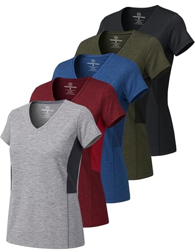 Real Essentials Damen Sport-T-Shirt, kurzärmelig, V-Ausschnitt, Dry-Fit feuchtigkeitsableitendes Yoga-Top (erhältlich in großen Größen), 5er-Pack