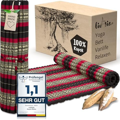 livasia Rollmatte XXL breit Doppelbett - 200x145x4,5cm - Gästebett Gästematratze 2 Personen mit Muster, Reisebett für Kofferraum und outdoor, Thaimatte Kapok Garten und Balkon (Schwarz/Elefanten)