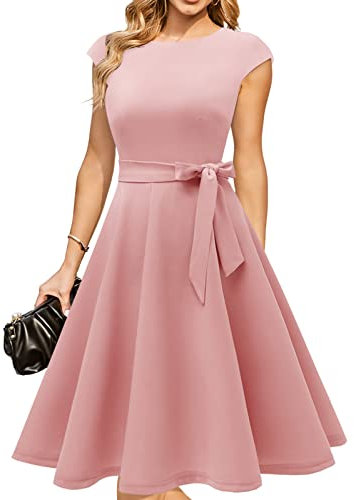DRESSTELLS Robe Cocktail Mariage Vintage Robe Casual Femme Robe de Soiree Femme Robe baptême col Rond Manches Courtes Rougit M