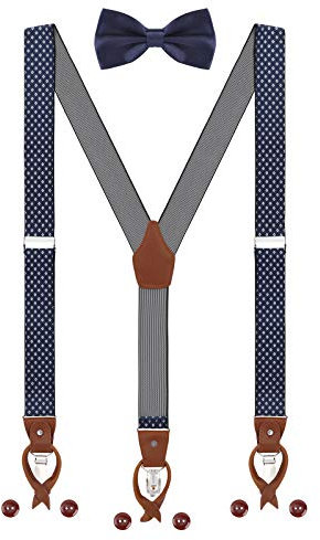 Herren Hosenträger Fliege Set 2 WAY TO WEAR 6 Leder Knopfloch 3 Clips Y-Form 3,5cm Breit Verlängerte Hosenträger für Körpergröße 160-200cm - Dunkelblau Weiß Kariert