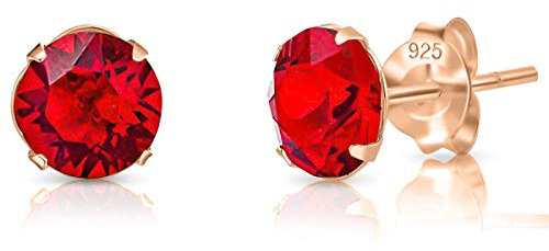 Pendientes Mujer Plata de Ley 925 Chapados Oro Rosa 18K con Brillantes de Cristal Rojos 6 mm - Pendientes de Botón Oro Rosa