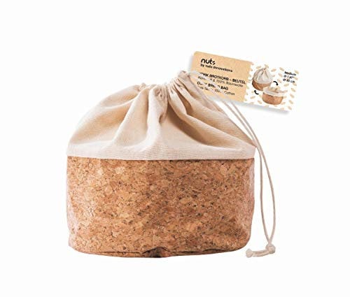 Nuts Textiler Kork Brotbeutel mit Kordel | Grösse M | Brotsack | Brot nachhaltig aufbewahren | Als Aufbewahrung von Brot | Plastikfrei | Brotkorb | Hält alle Arten von Broten frisch | 100% Baumwolle