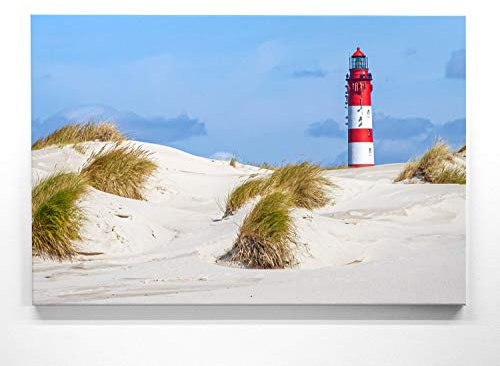 Atemberaubendes Nordsee Panorama Leinwand-Bild 120x80cm, Motiv Dünen & Leuchtturm. Ein einzigartiges XXL Wandbild als Deko für Wohnzimmer, Schlafzimmer, Küche. Aufgespannt auf Holzrahmen