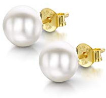 Amberta Damen Ohrringe aus 925 Sterling Silber mit Perlen: 7-8 mm Weiße Perle - 18K Vergoldet