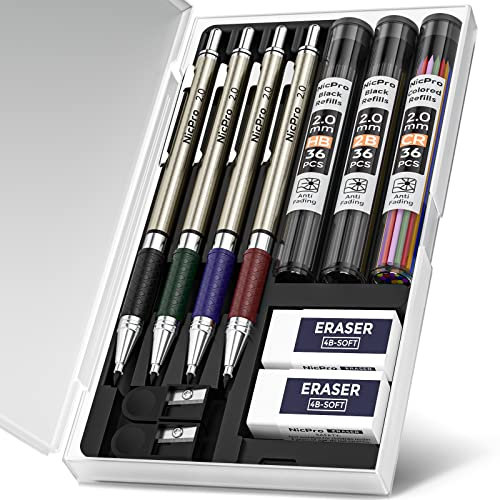 Nicpro 2mm Druckbleistifte Set, 4 Stücke Fallminenstift Metall Mechanische Bleistifte 2,0 mm,3 Dosen Bleimine (HB 2B Farben), Radiergummis, Anspitzer für Schreiben Zeichnen