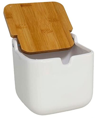 Tradineur - Salero de cerámica y tapa de bambú, recipiente para la sal, cocina, hogar (Blanco - 11,3 x 11,3 x 12 cm)