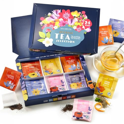Mother's Day Tea Gift Set - Herbal, Green & Pure Ceylon Selection, Collection of Black and Herbal Blends - Chai, Lemon Ginger, Spicy Apple, Apple Cinnamon, Almond Cherry