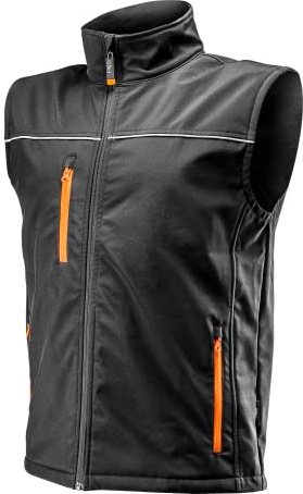 NEO TOOLS Softshell-Arbeitsweste, wasserdichter und atmungsaktiver Stoff | Luftzirkulation und Wasserbeständigkeit, Anpassbarer Kordelzug in der Taille, Reflektierende Elemente