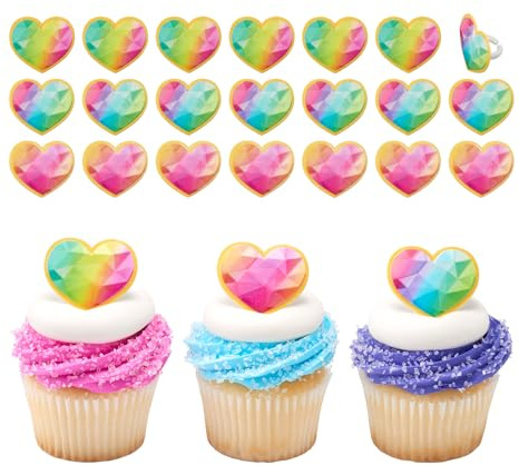 24 Rainbow Prism Heart Cupcake Rings Topper Decoration