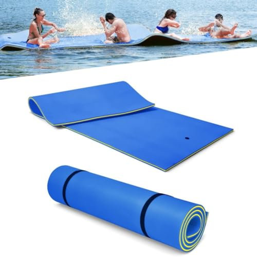 GYMAX 355 x 183 cm, Esterilla de Agua Flotante para 4 – 6 Personas, Hamaca de Espuma XPE, Esterilla de Natación Enrollable hasta 400 kg, Carga para Piscina, Playa, Lago (Azul)