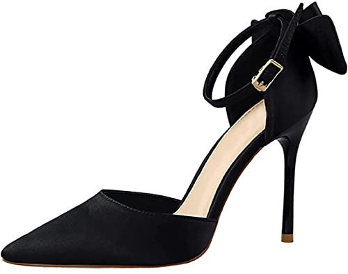 EXECAB Damen-Pumps mit Spitzen Zehen und Knöchelriemen, Pumps mit Schleife, Stiletto-Sandalen für Damen, Pumps mit Spitzen Zehen, Kleid, Party-Sandalen,Schwarz,36