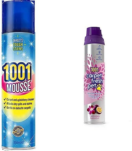 1001 Mousse Carpet and Upholstery Cleaner, Tough On Stains, Gentle On Rugs, Upholstery and Carpets, Floral Scented Cleaner, 350 ml & Carpet Fresh Pet - Thai Orchid & Passionfruit - 300ml