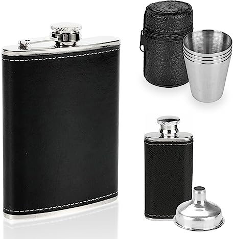 Edelstahl Flachmann Set - 8oz 236ml Mit Leder, 4 Bechern Und Trichter - Tragbar Für Männer, Whiskey, Wein, Wodka