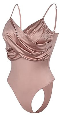 RoomTour Body da donna in raso Bodysuits senza maniche profondo scollo a V Shapewear donna Jumpsuit con spalline sottili 1-Rosa XS