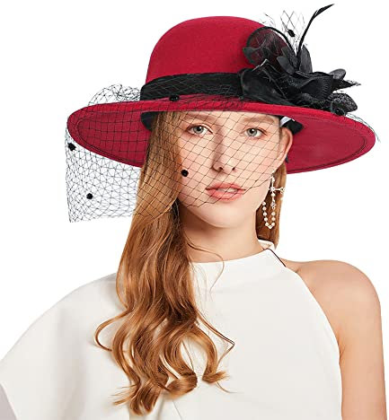 Filzhut Damen Fedorahut mit Schleier Schlapphut mit Blumen Hut Breit Krempe Winter Wollehut Elegant Party Britischer Stil Zylinder Retro Herbst Karneval Wintermütze Mottoparty
