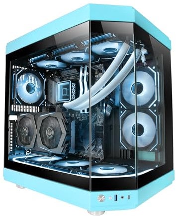 Mars Gaming MC-3T, Boîtier Gaming Custom ATX, Triple Fenêtr Verre Trempé Continu, Refroidissement Liquide Complet, Double Caméra Latérale, 3X Slots PCI Verticaux, USB-C et USB 3.0, Bleu