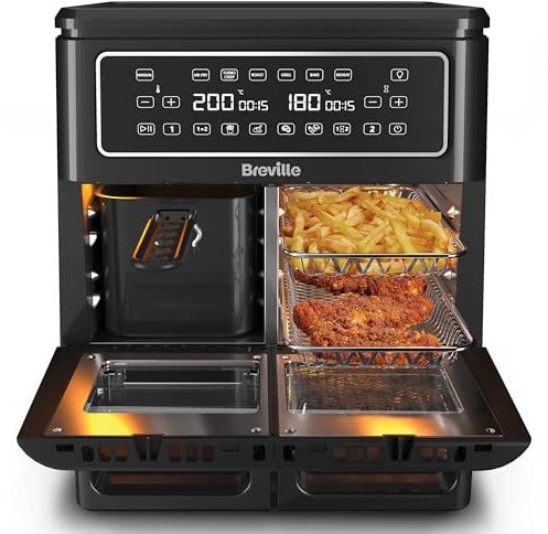 Breville Halo Flexi Air Fryer, Digital Dual Air Fryer Oven, 11L: Serves 10+ People, FryBakeGrillRoast & Reheat, 2400 W, Save £65 a Year on Energy Bills* Black [VDF130]