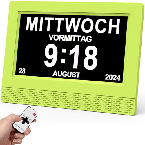 SINOIDEAS - 7 Zoll Wecker Digital,Digitale Kalender,Demenz Uhr Senioren mit Erinnerungsfunktion,Uhr mit Datum und wochentag (grün)