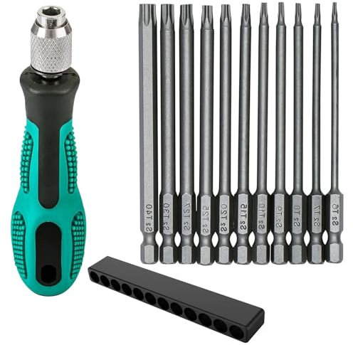 11 Stück Magnetisch Torx Bit Set, 1/4 Torx Schraubendreher Bit Set, mit Griff, T6-T40 100mm Lang Sechskant Schaft S2 StahlStern Kopf Schraubenzieher Bit Satz