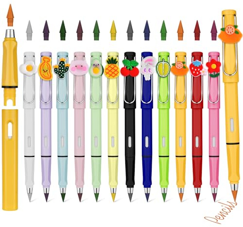 AUAUY 12 PCS Tintenloser Bleistift, 12 Austauschbarem, Wiederverwendbarer | Farbe Infinity Pencil, Everlasting Pencil, Ewiger Bleistift Wechselkopf, Zeichnen, Studenten, Home, Office, School Supplies