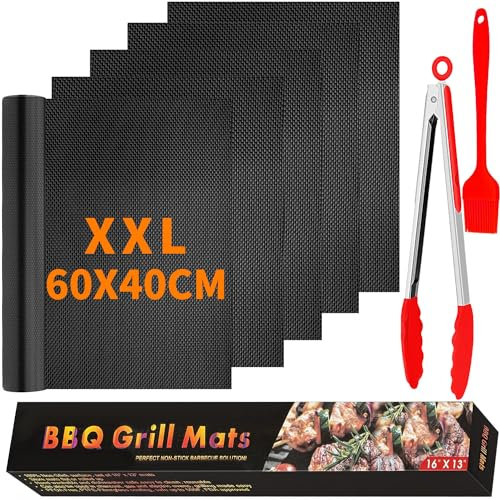 Txeouse Lot de 5 Tapis de Cuisson Barbecue,60x40CM Feuille de Cuisson Reutilisable,Anti-adhérent,sans PFOA,Découpable Tapis de Cuisson Plancha Gaz pour Barbecue à Gaz, Charbon ou électriques