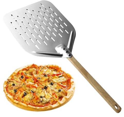 Pala per pizza in alluminio, spatola per pizza in lega di alluminio da 30,5 cm, con manico in legno, paletta perforata antiaderente per pizza per casa, ristoranti, forno per pizza