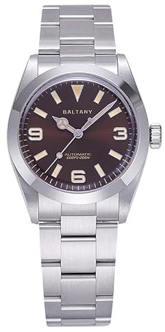 NIADI Baltany Vintage Explorer Homage Uhren Edelstahl Armband Applied Stundenmarkierungen Emaille Sunburst Automatikuhr, V 1, Vintage