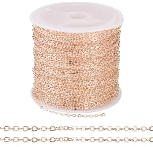Cheriswelry 32.8 Feet Brass Coated Iron Chains Flat Cross Cable Link Chains Soldered with Spool for Necklace Bracelet Jewelry Making, Rose Gold