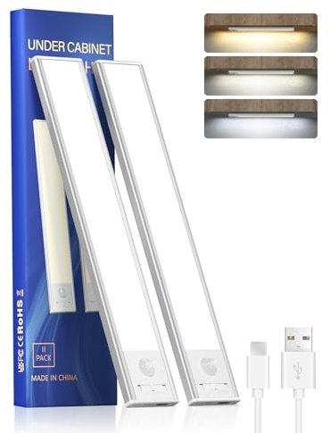 FLOWood Unterbauleuchte Küche Led 2 Stück, Schrankbeleuchtung mit Bewegungsmelder 24CM, 3 Farbmodi Dimmbar, 1500 mAh USB Aufladbar Led Lichtleiste für Schlafzimmer, Schrank, Kleiderschrank