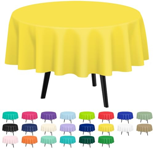QIKSION 2 x gelbe Kunststoff-Tischdecke, Einweg-Tischdecken, runde Tischdecken für Partys, Brautpartys, Geburtstage, Hochzeiten, passend für runde Tische (213 cm)