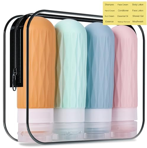 FEEJOY Reiseflaschen für Toilettenartikel, TSA-zugelassene Behälter in Reisegröße, 85 ml, Reisegröße, auslaufsichere und nachfüllbare Silikon-Reisebehälter für Shampoo-Spülung (bunt)