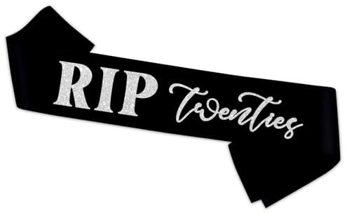 RIP Twenties Schärpe – schwarze Schärpe aus Silberfolie – RIP to My 20's Birthday Schärpe für Mädchen – Begräbnis-Thema, für Herren und Damen, Party-Dekoration