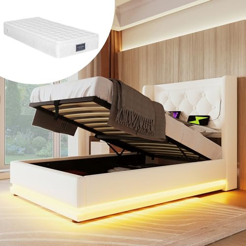 FEZTOY Polsterbett 90x200 cm komplett mit Matratze, LED Beleuchtung, Lattenrost & Kopfteil - Hydraulisches Stauraumbett, Bett Jugendbett - Weiß