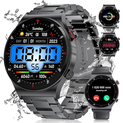 Montre Connectée Homme avec Appel Bluetooth,1,43'' HD AMOLED Smartwatch avec 110+ Sportifs,IP68 Étanche Montre Connectee Moniteur de Fréquence Cardiaque/Sommeil,Montre Podomètre pour Android iOS