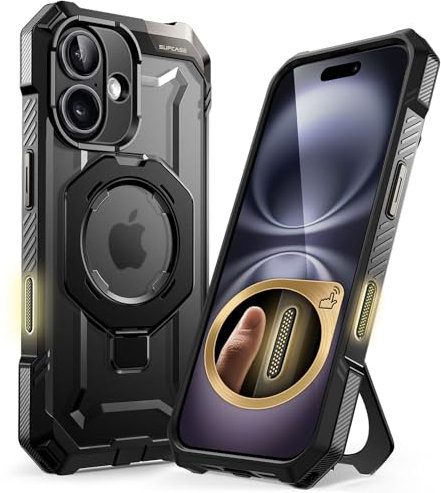 SUPCASE for iPhone 16 Case with Camera Control Capture Button (Unicorn Beetle Grip), [Compatible with MagSafe] Heavy Duty Rugged Magnetic Stand Phone Case for iPhone 16 6.1'' 2024, Black
