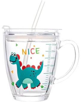 Dvagoent Vasos de 350 ml con escala, vaso con tapa y pajita, vasos de cristal, diseño de dinosaurios
