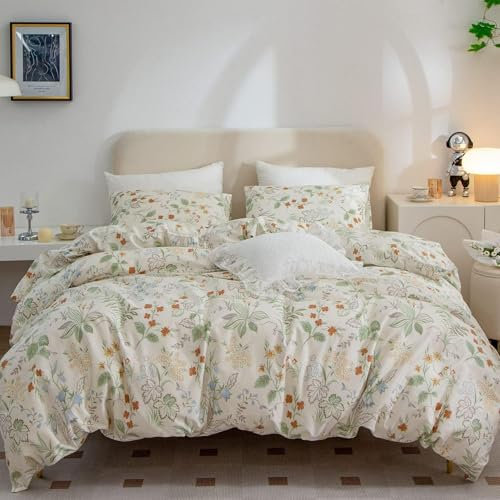 Freyamy Blumen Bettwäsche 220x240cm 3teilig Beige Bunt Blätter Pflanzen Floral Wendbar Bettwaren-Sets 100% Microfaser Blumenmuster Mädchen Bettbezug mit Reißverschluss und 2 Kissenbezug 80x80cm