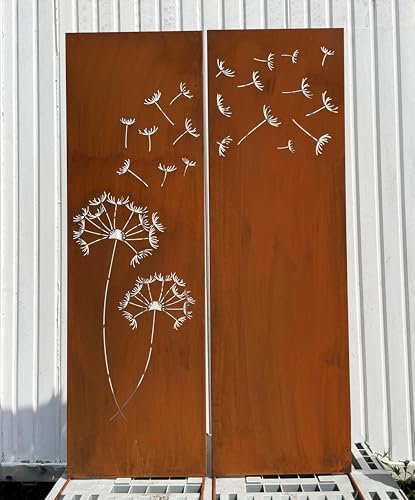 Edelrost 2er Set Sichtschutz Motiv Pusteblume mit Samen 165 cm x 100 cm Paravent zum Stecken Schild Gartenschild Gartenstecker Edelrost Gartendeko Wetterfest Rost Metall Zaun