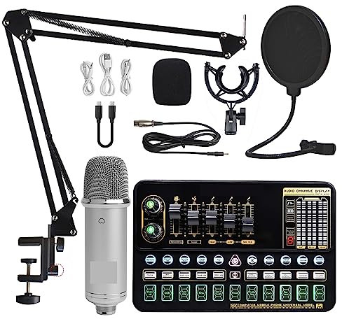 Équipement de podcast Kit de carte son de paquet de microphone de condensateur avec le bras réglable de ciseaux de suspension de micro Studio professionnel micro de karaoké sans fil Né pour la diffusi