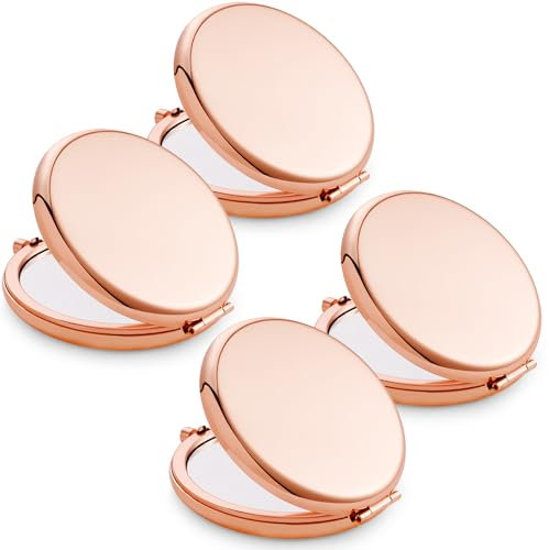 Lot de 4 miroirs compacts pour sac à main, coque ronde en métal, grossissement double face, miroir de maquillage de voyage, mini miroir de poche, or rose