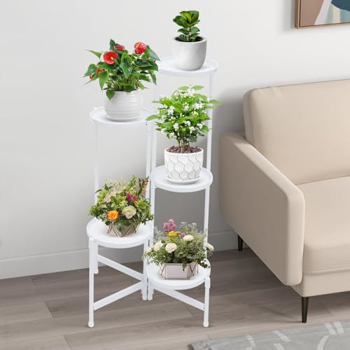 TAPMING 5 Etagen Metall Pflanzenständer Blumentopfständer Ecke Pflanzenhalter Blumenregal Mehrstöckig Blumenregal Pflanzenregal für Zimmerecke Wohnzimmer Balkon Terrasse Hof(weiß