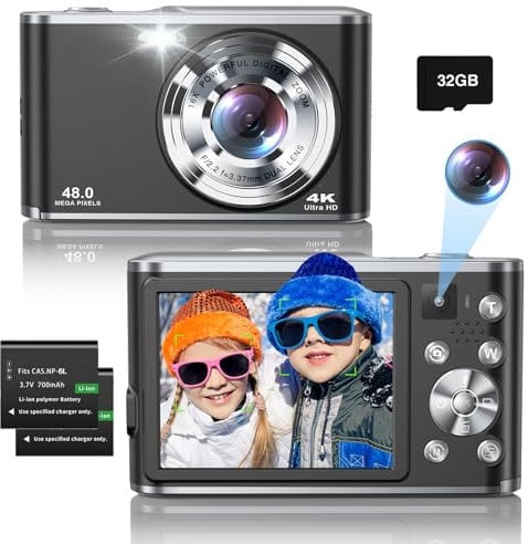Lecran Macchina Fotografica Digitale 4K con Doppia Fotocamera, 48MP, Scheda da 32GB, Zoom Digitale 16X, 2 Batterie per Ragazzi e Principianti