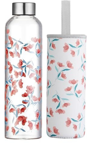 Autsel Glass Water Bottle 1000ml Artistic Glass Drinking Bottle with Lid Leak Proof Borosilicate Water Bottle with Protection Sleeve, Fine Gifts for Girls and Women
