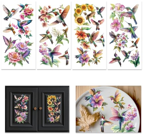 INFUNLY 4 Sheets Vintage Hummingbird Rub on Transfers for Furniture 5.9×11.8 Birds Floral Transfers Sticker Botanical Flower Transfers Furniture Hummingbird Branch Decals for Wood Glass DIY Paper