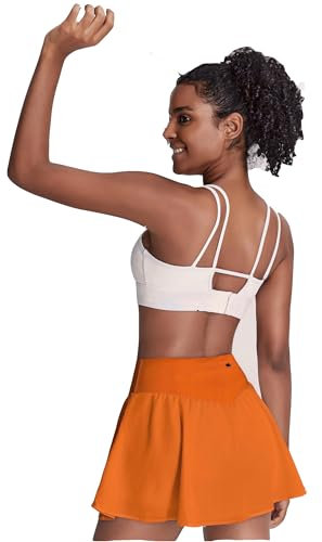 PINSPARK Tennisrock Damen V-Bund Bauchkontrolle 2-in1 Tennis Faltenrock Sommer Doppelte Rüschen Tennisröcke Outdoor Golf Sportrock mit 3 Taschen Orange S