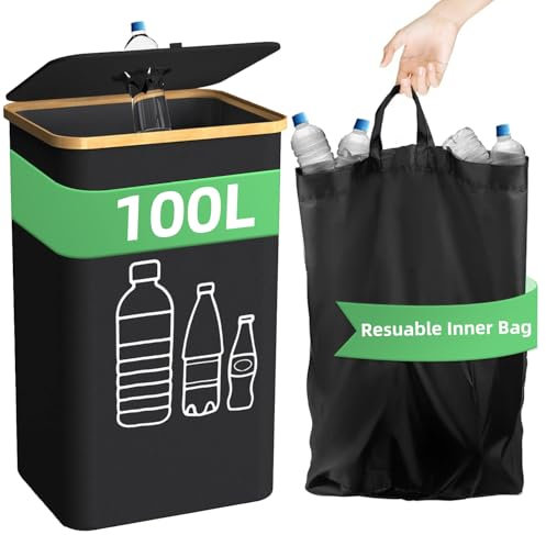 100L Recycling Bins for Kitchen, Large Capacity Bottles Recycle Bin with Lid and Reusable Inner Bag, Plastic Bottle Storage Bin for Indoor
