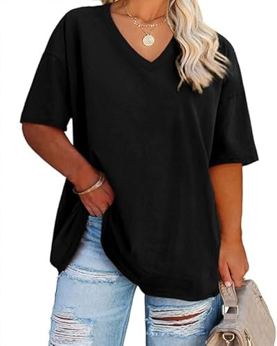 Fisoew Damen Große Größen T-Shirt Halbarm Shirt mit V-Ausschnitt Sommer Lose Basic Oberteil Oversize Kurzarm Baumwolle Tee Tops(Schwarz, XL)