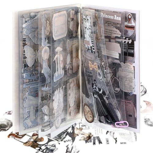 Yuanchu 177 Stück Vintage Scrapbooking Aufkleber Set, Verschiedene Muster Retro Sticker Selbstklebend Wasserdicht Sticker für DIY Zubehör Journaling Kalender Notizbuch Fotoalbum(Schwarz)