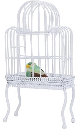 Dollhouse Bird Cage with Fake Grass and Bird, Miniature 1:12 Metal Bird Cage Ornament Simulation Birdcage for Dollhouse (White)